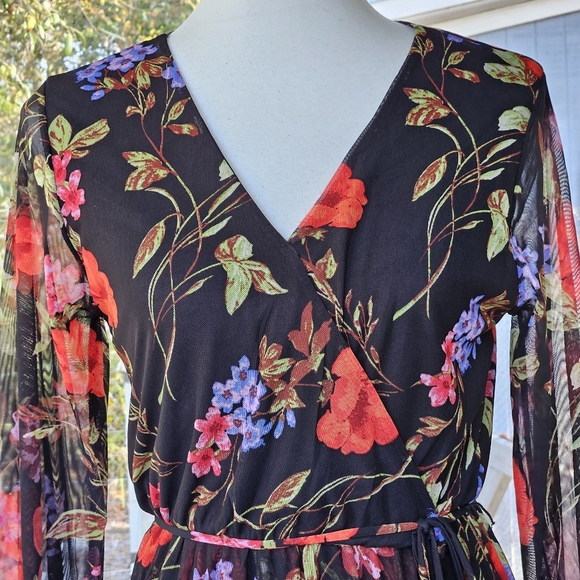 Harlow & Rose Floral Midi Dress Medium Faux Wrap Cottage Overlay Sheer Sleeves - Picture 8 of 16